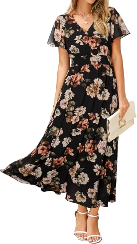 Simplee Womens Floral Maxi Dress - Short Sleeve Summer Boho Wedding Guest Dress Empire Waist Chiffon Modest Midi Dresses