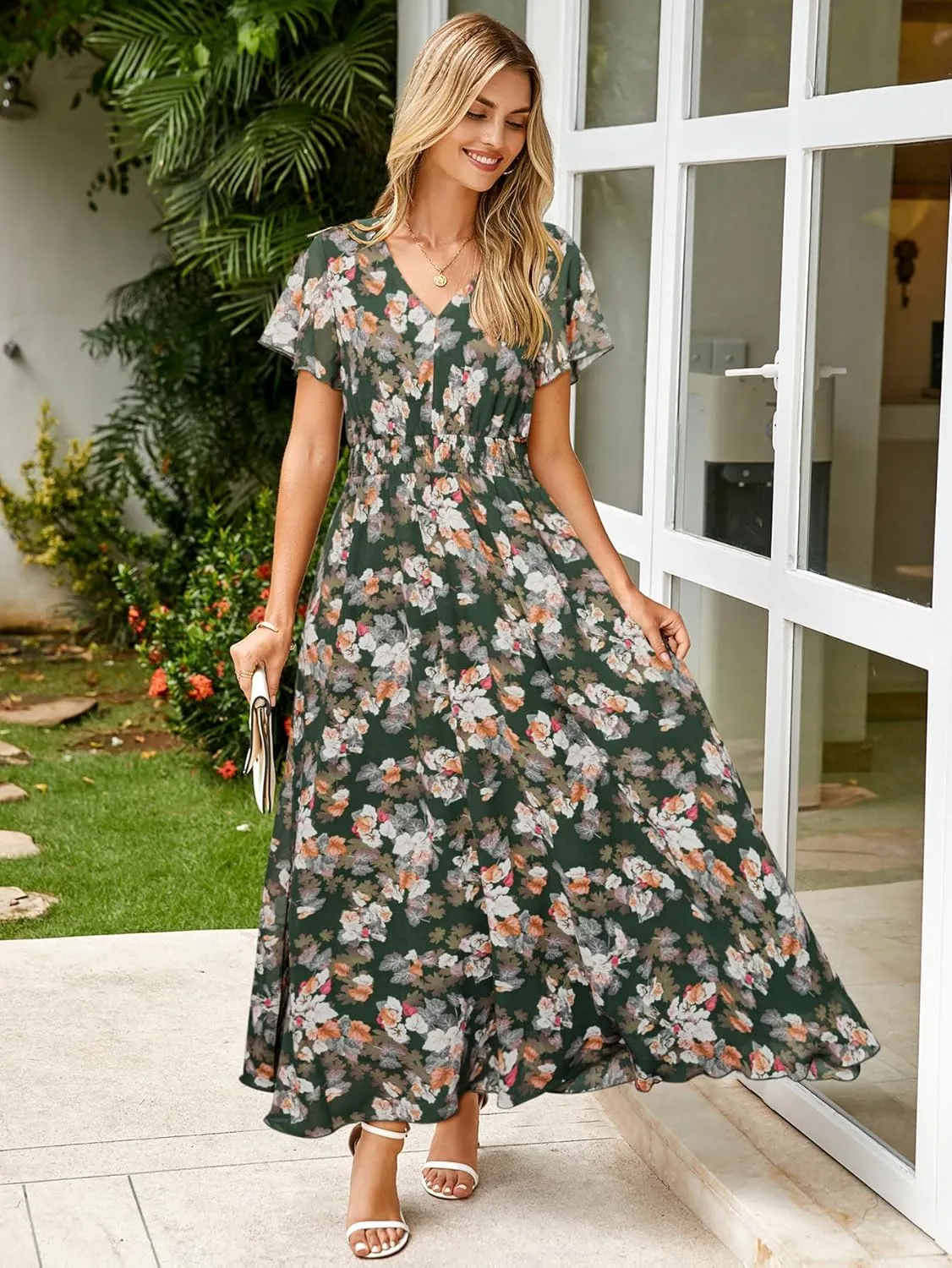 Simplee Womens Floral Maxi Dress - Short Sleeve Summer Boho Wedding Guest Dress Empire Waist Chiffon Modest Midi Dresses