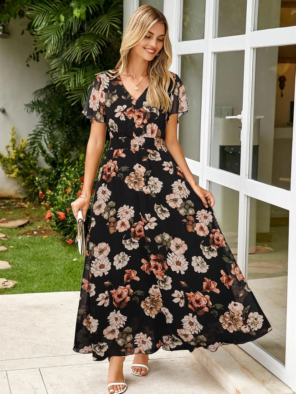 Simplee Womens Floral Maxi Dress - Short Sleeve Summer Boho Wedding Guest Dress Empire Waist Chiffon Modest Midi Dresses