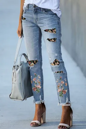 Sky Blue Printed Patch Ripped Skinny Jeans