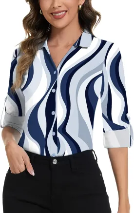 Soneven Womens 3/4 Roll Sleeve Golf Polo Shirts V Neck Long Sleeve Button Up Shirts Business Casual Tops Work Blouses