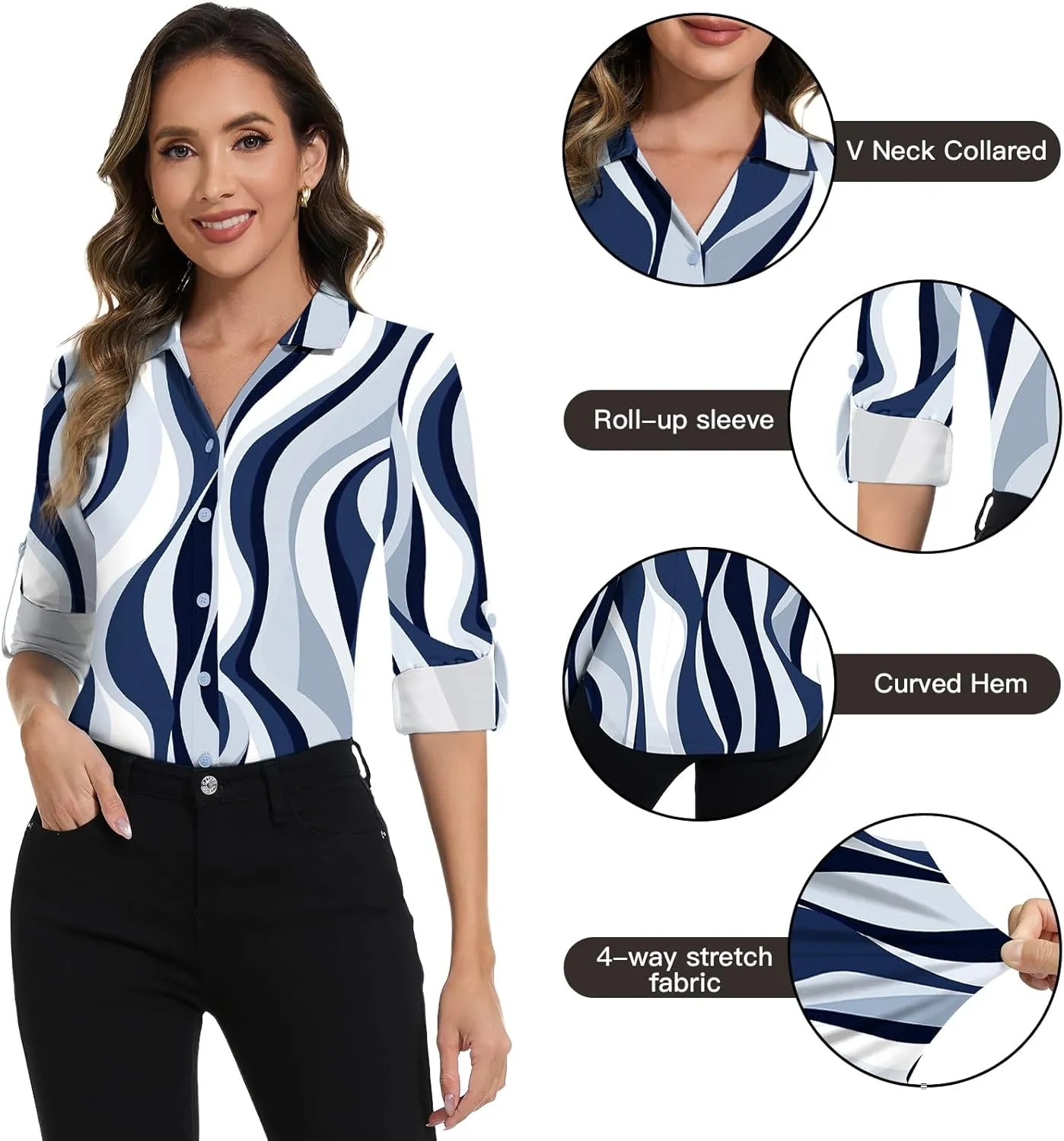 Soneven Womens 3/4 Roll Sleeve Golf Polo Shirts V Neck Long Sleeve Button Up Shirts Business Casual Tops Work Blouses