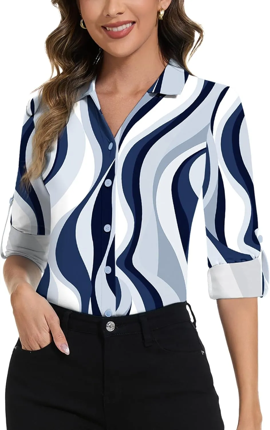 Soneven Womens 3/4 Roll Sleeve Golf Polo Shirts V Neck Long Sleeve Button Up Shirts Business Casual Tops Work Blouses