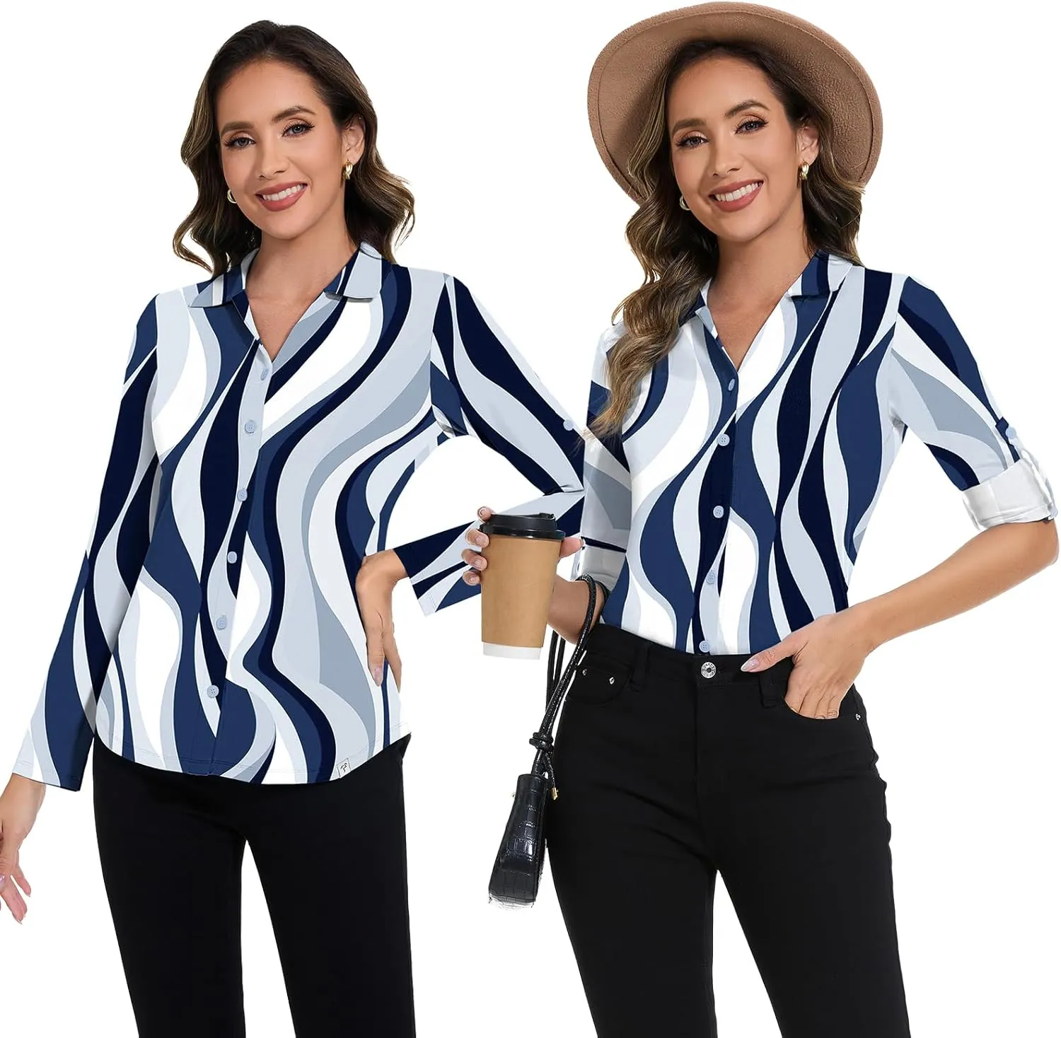 Soneven Womens 3/4 Roll Sleeve Golf Polo Shirts V Neck Long Sleeve Button Up Shirts Business Casual Tops Work Blouses