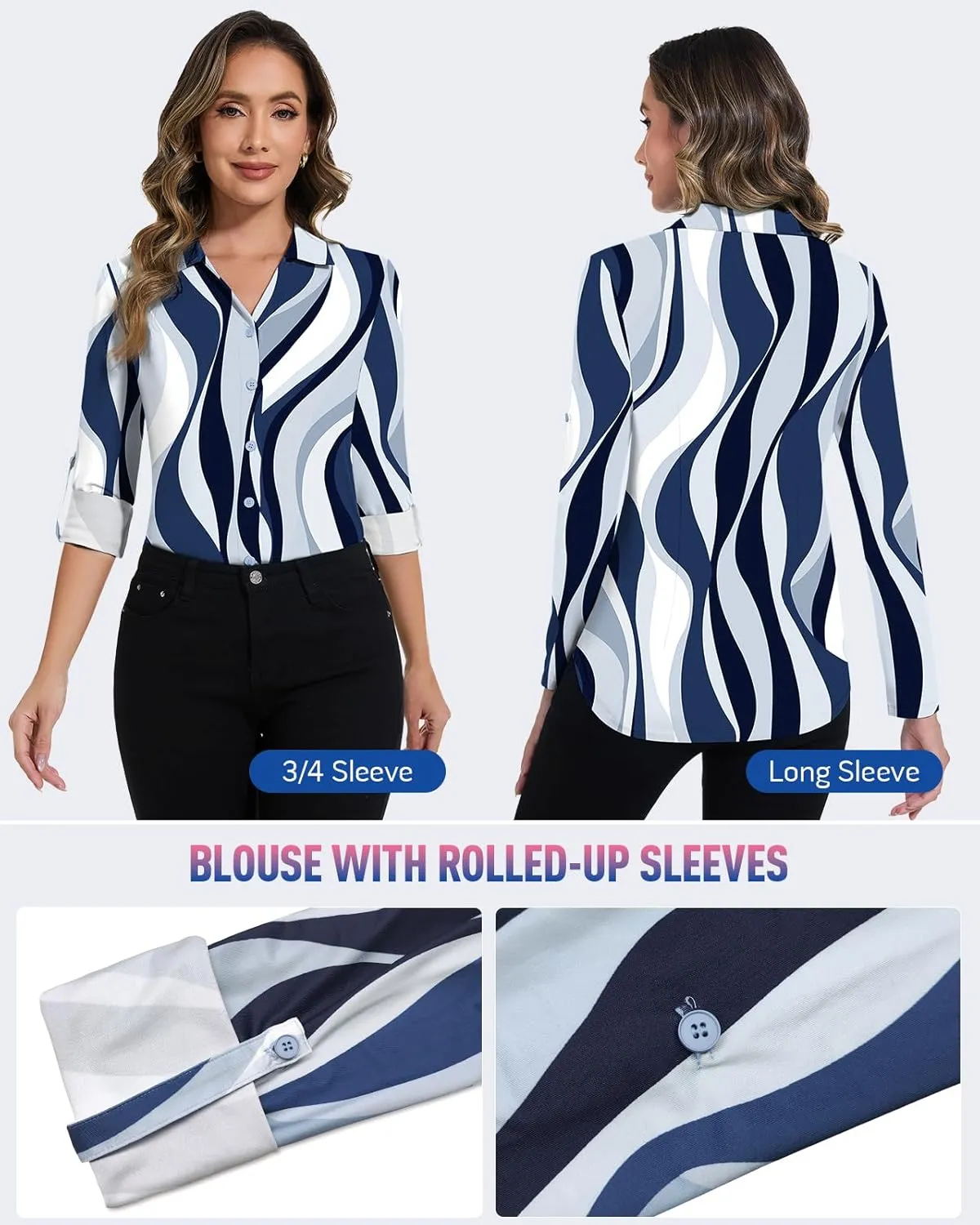 Soneven Womens 3/4 Roll Sleeve Golf Polo Shirts V Neck Long Sleeve Button Up Shirts Business Casual Tops Work Blouses
