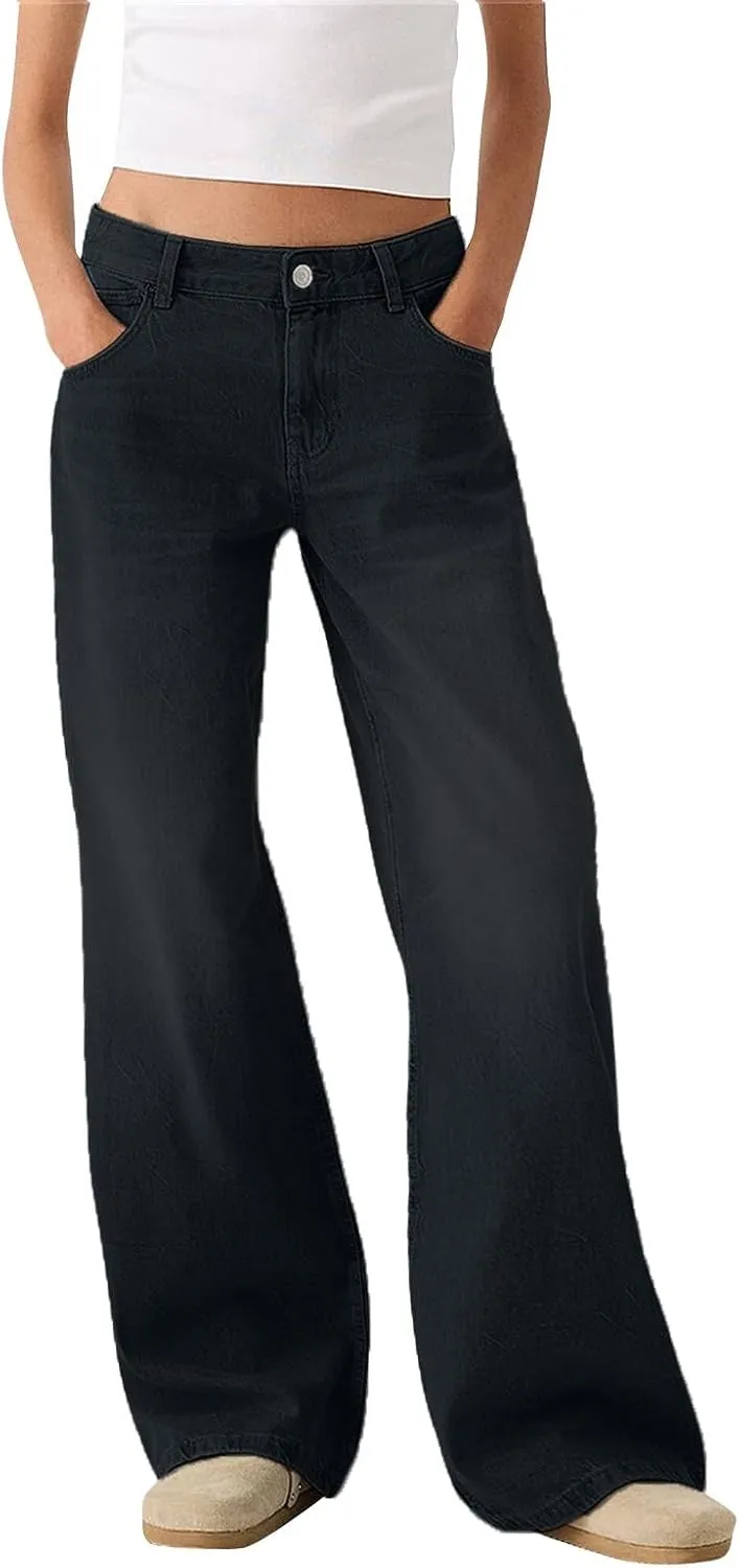 Straight Leg Jeans for Women High Waisted Stretchy Frayed Raw Hem Loose Denim Pants Casual Baggy Bootcut Trousers