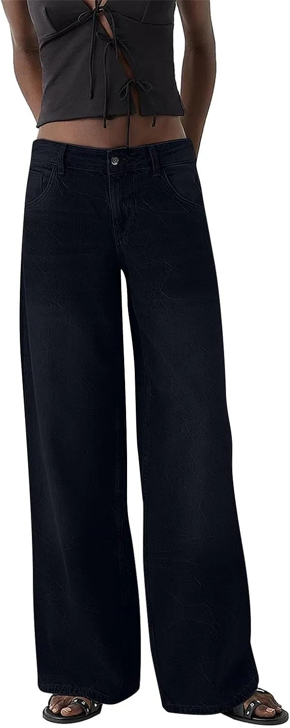 Straight Leg Jeans for Women High Waisted Stretchy Frayed Raw Hem Loose Denim Pants Casual Baggy Bootcut Trousers