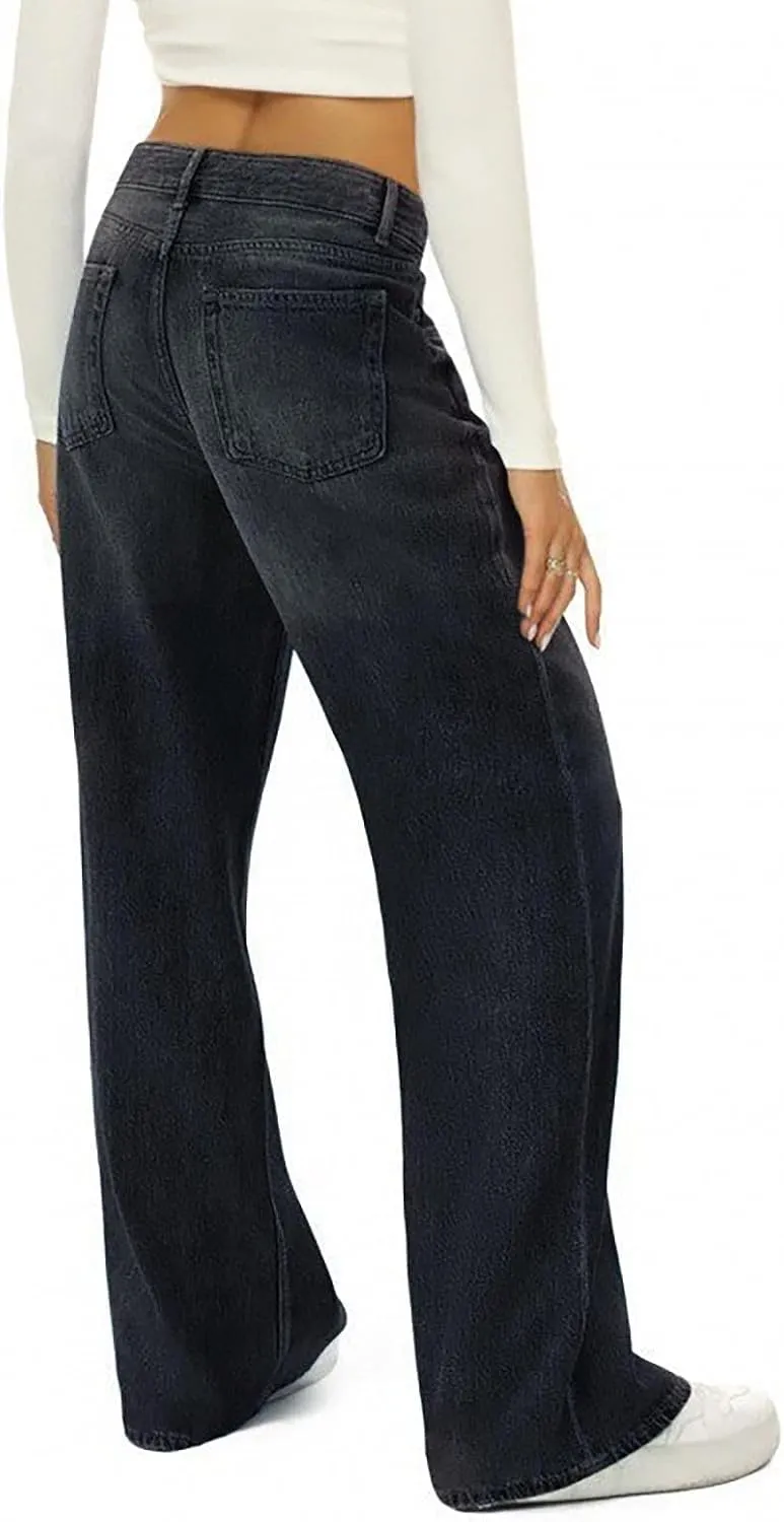 Straight Leg Jeans for Women High Waisted Stretchy Frayed Raw Hem Loose Denim Pants Casual Baggy Bootcut Trousers