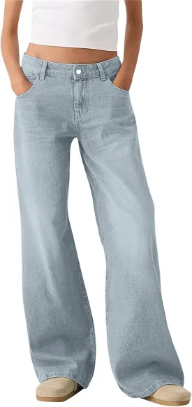 Straight Leg Jeans for Women High Waisted Stretchy Frayed Raw Hem Loose Denim Pants Casual Baggy Bootcut Trousers