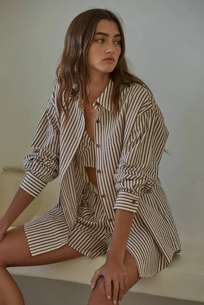 Striped Button Down Collar Top in Mocha Stripe