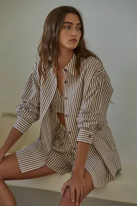 Striped Button Down Collar Top in Mocha Stripe