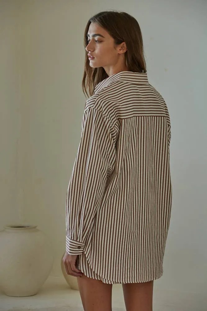 Striped Button Down Collar Top in Mocha Stripe