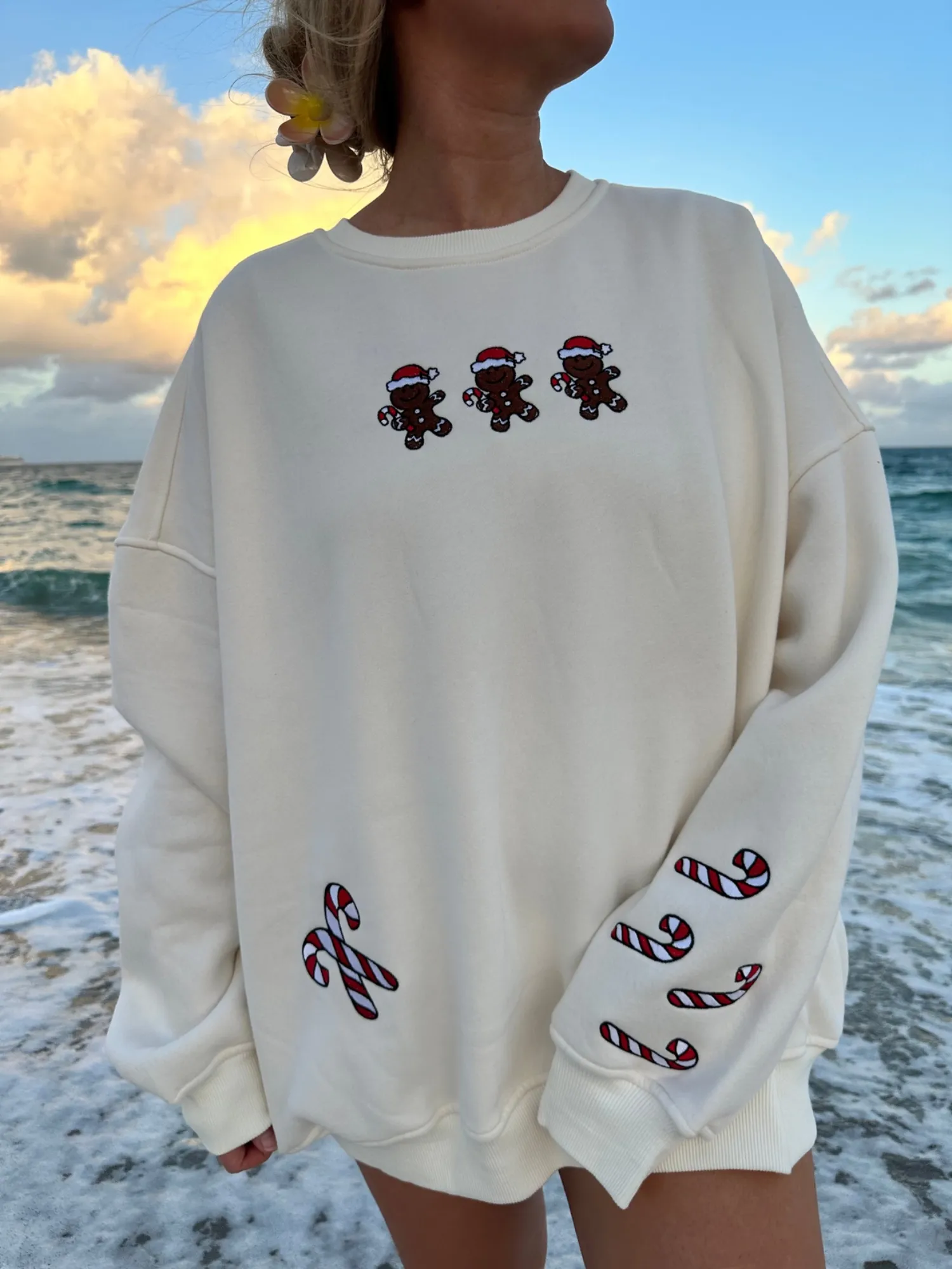Sugar & Spice Embroidered Gingerbread Oversized Crewneck Sweatshirt (Ivory)