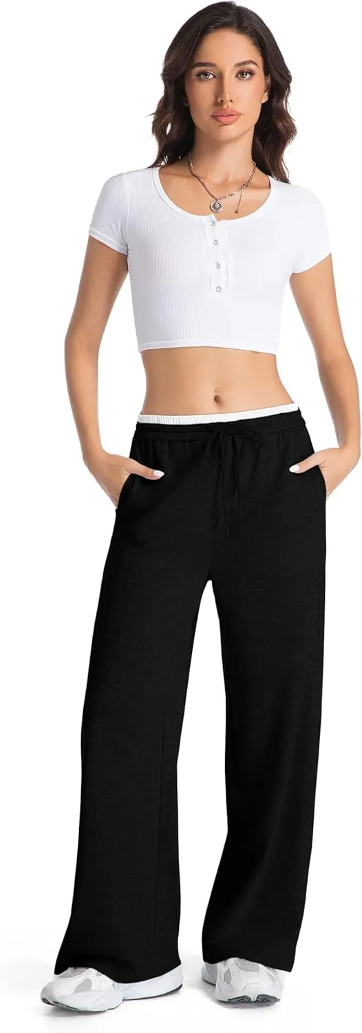 Tsher Sweatpants Women Casual Wide Leg Elastic Drawstring Straight Leg Lounge Pants High Waist Joggers Trouser