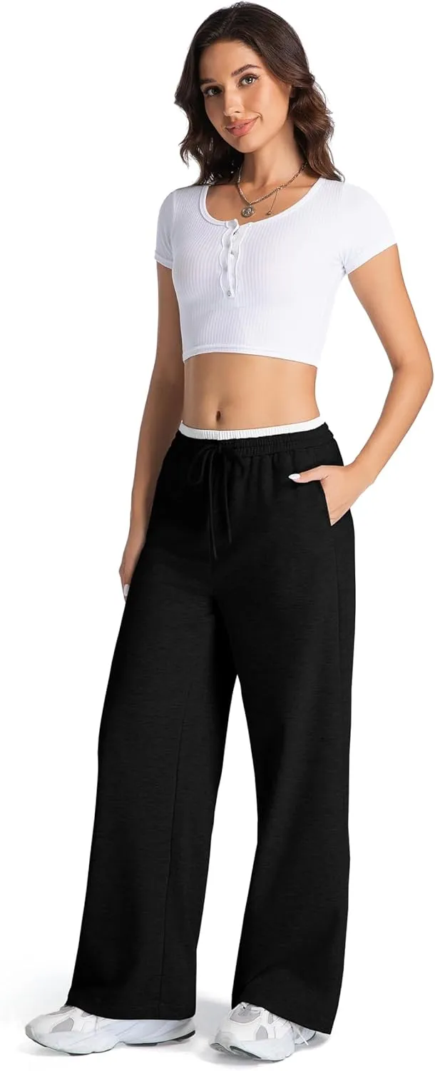 Tsher Sweatpants Women Casual Wide Leg Elastic Drawstring Straight Leg Lounge Pants High Waist Joggers Trouser