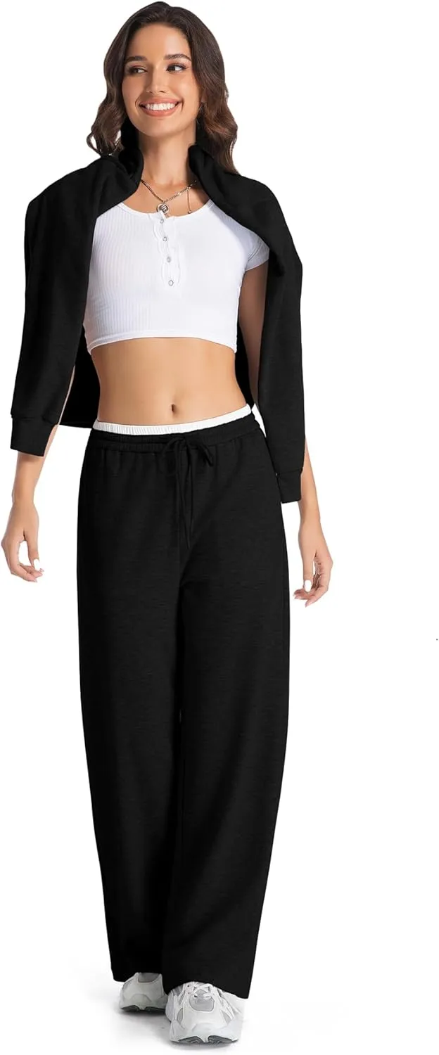 Tsher Sweatpants Women Casual Wide Leg Elastic Drawstring Straight Leg Lounge Pants High Waist Joggers Trouser