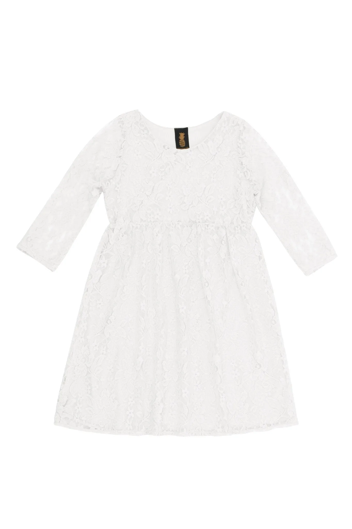 White Stretchy Lace Empire Waist Three-Quarter Sleeve Dress - Girls