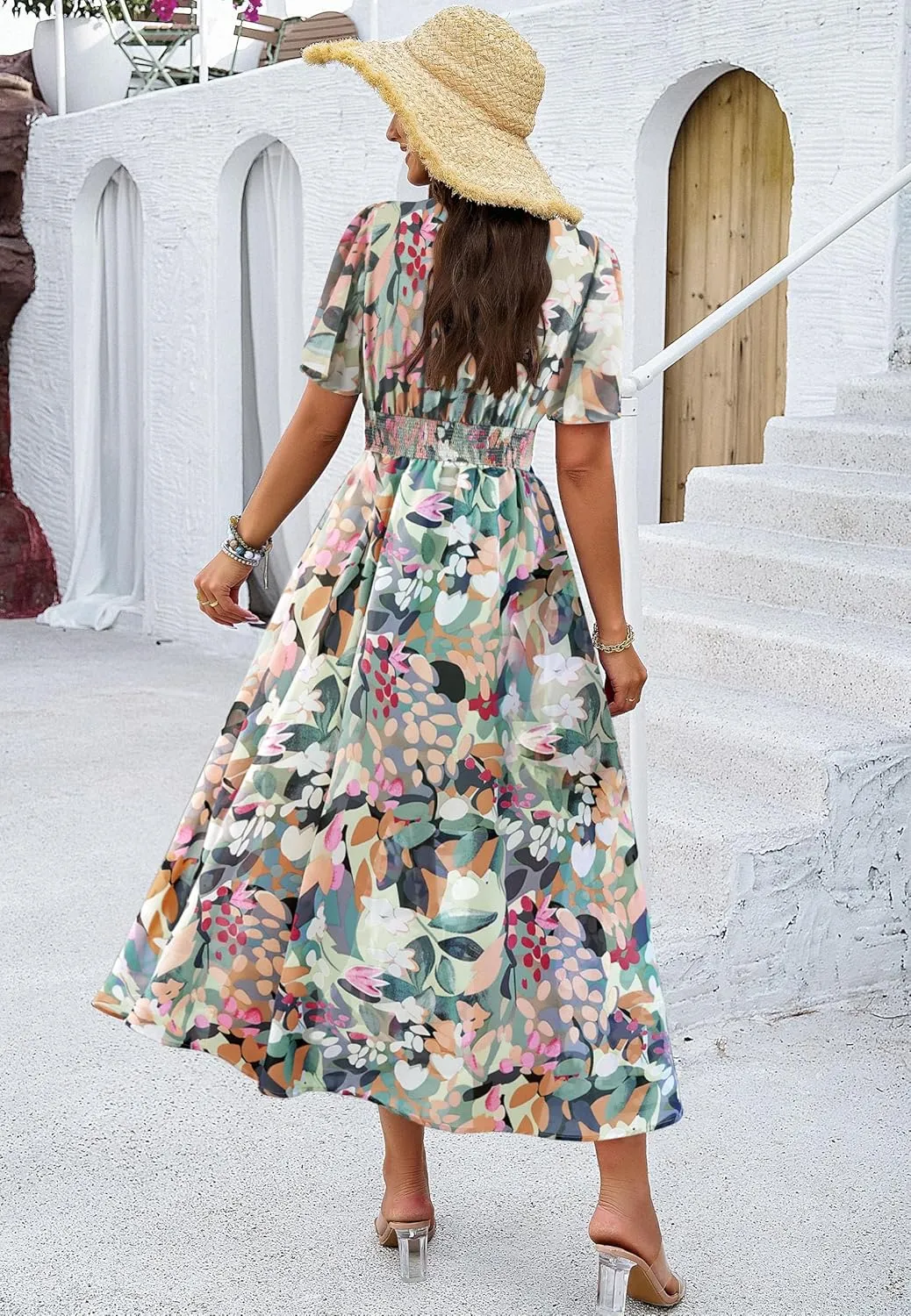Women Floral Maxi Dress, V-Neck Short Sleeve Empire Waist Summer Boho Flowy Smocked Long Dress