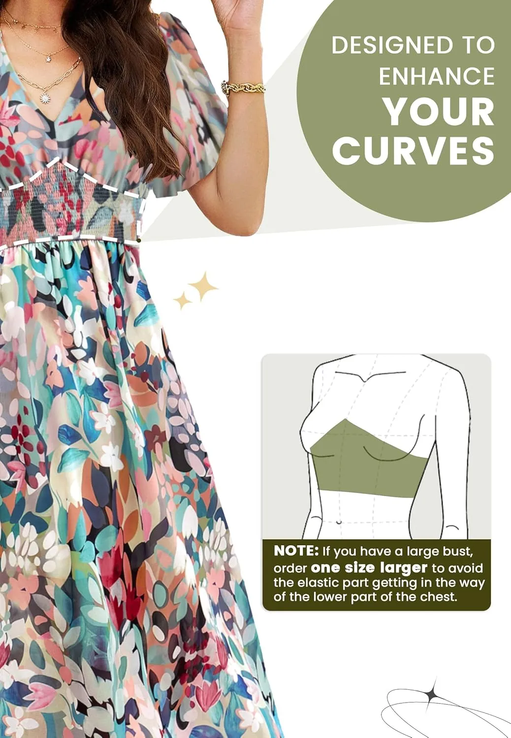Women Floral Maxi Dress, V-Neck Short Sleeve Empire Waist Summer Boho Flowy Smocked Long Dress