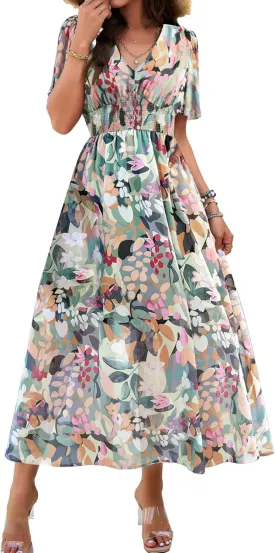 Women Floral Maxi Dress, V-Neck Short Sleeve Empire Waist Summer Boho Flowy Smocked Long Dress