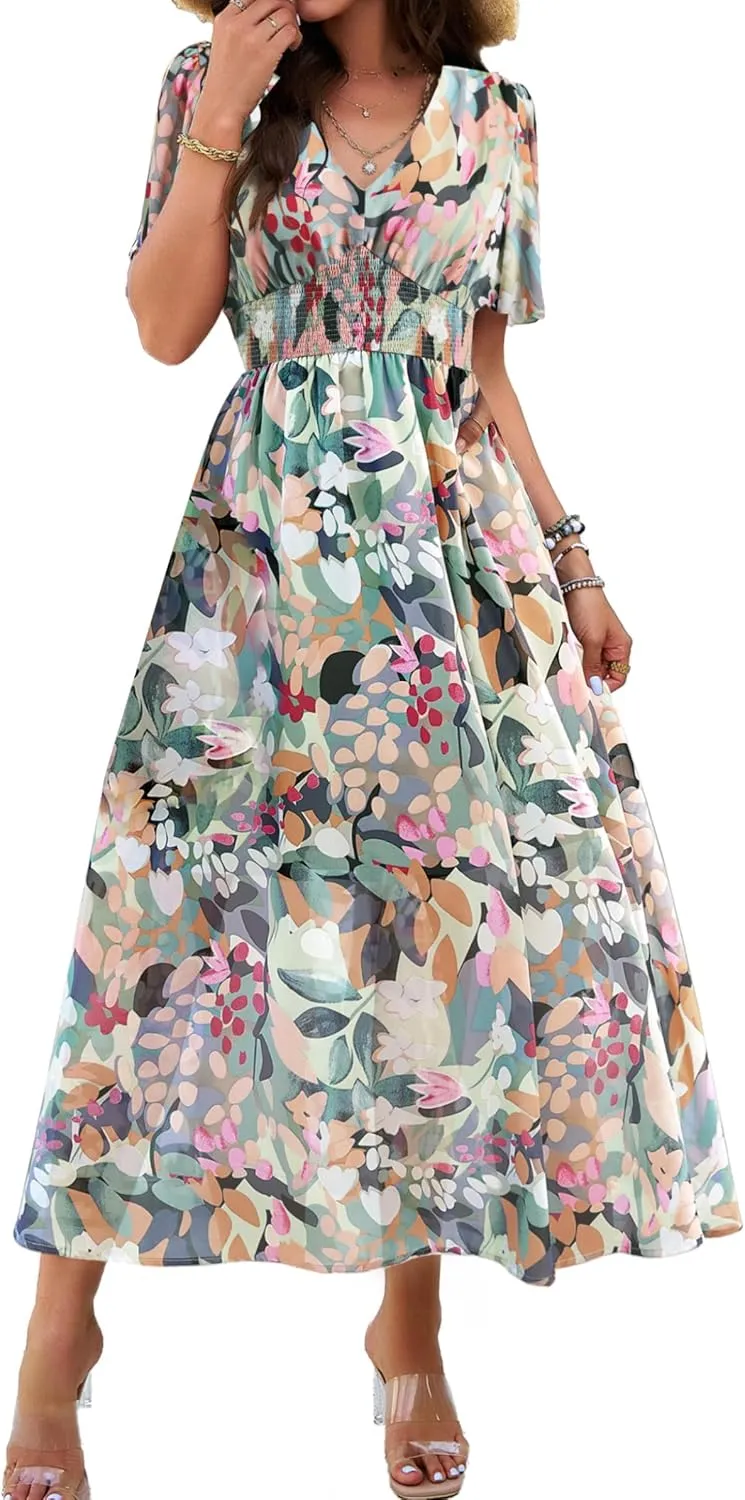 Women Floral Maxi Dress, V-Neck Short Sleeve Empire Waist Summer Boho Flowy Smocked Long Dress