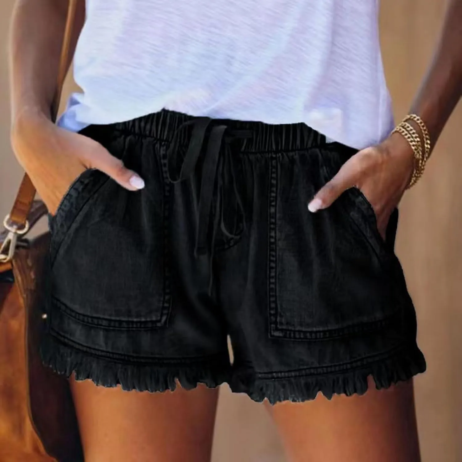 Women Jean Shorts Elastic Waist Drawstring Denim Shorts Summer Casual Raw Hem Distressed Jeans Short with Pockets