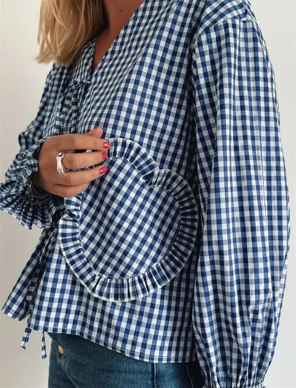 Women Y2k Love Heart Embroidery Peplum Blouse Puff Sleeve Tie Front Plaid Shirt Teen Girls Cute Summer Shirt
