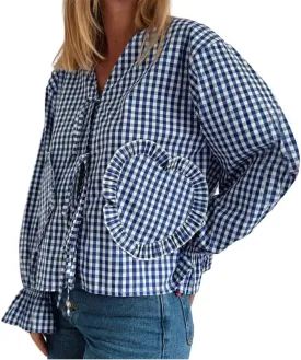 Women Y2k Love Heart Embroidery Peplum Blouse Puff Sleeve Tie Front Plaid Shirt Teen Girls Cute Summer Shirt