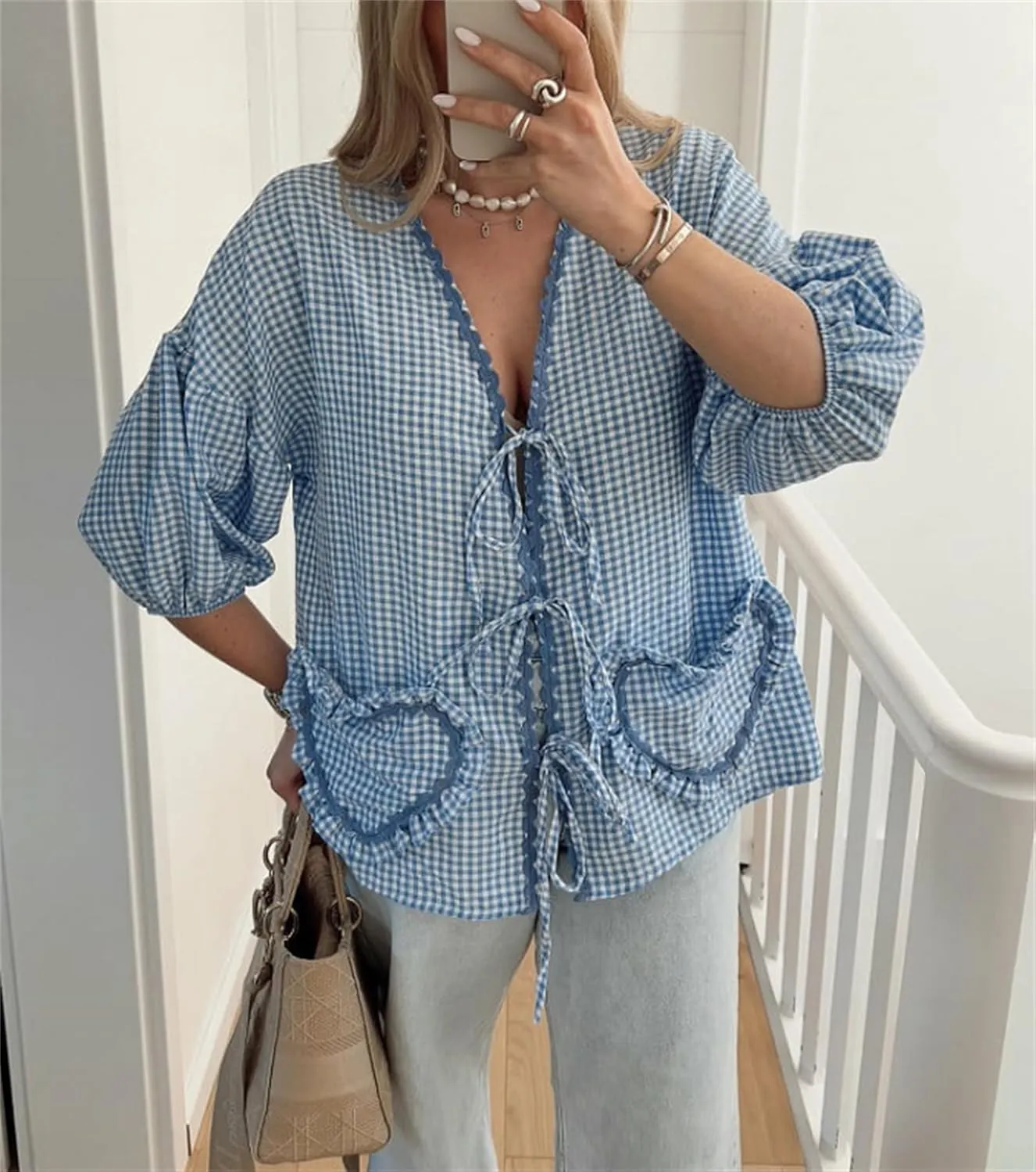 Women Y2k Love Heart Embroidery Peplum Blouse Puff Sleeve Tie Front Plaid Shirt Teen Girls Cute Summer Shirt