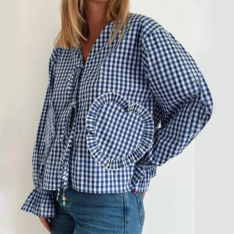 Women Y2k Love Heart Embroidery Peplum Blouse Puff Sleeve Tie Front Plaid Shirt Teen Girls Cute Summer Shirt