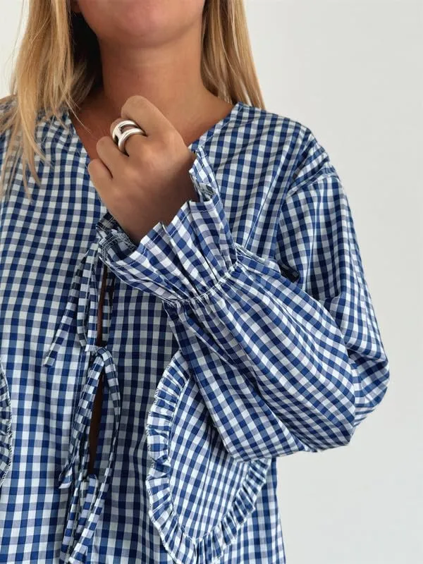 Women Y2k Love Heart Embroidery Peplum Blouse Puff Sleeve Tie Front Plaid Shirt Teen Girls Cute Summer Shirt