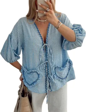 Women Y2k Love Heart Embroidery Peplum Blouse Puff Sleeve Tie Front Plaid Shirt Teen Girls Cute Summer Shirt