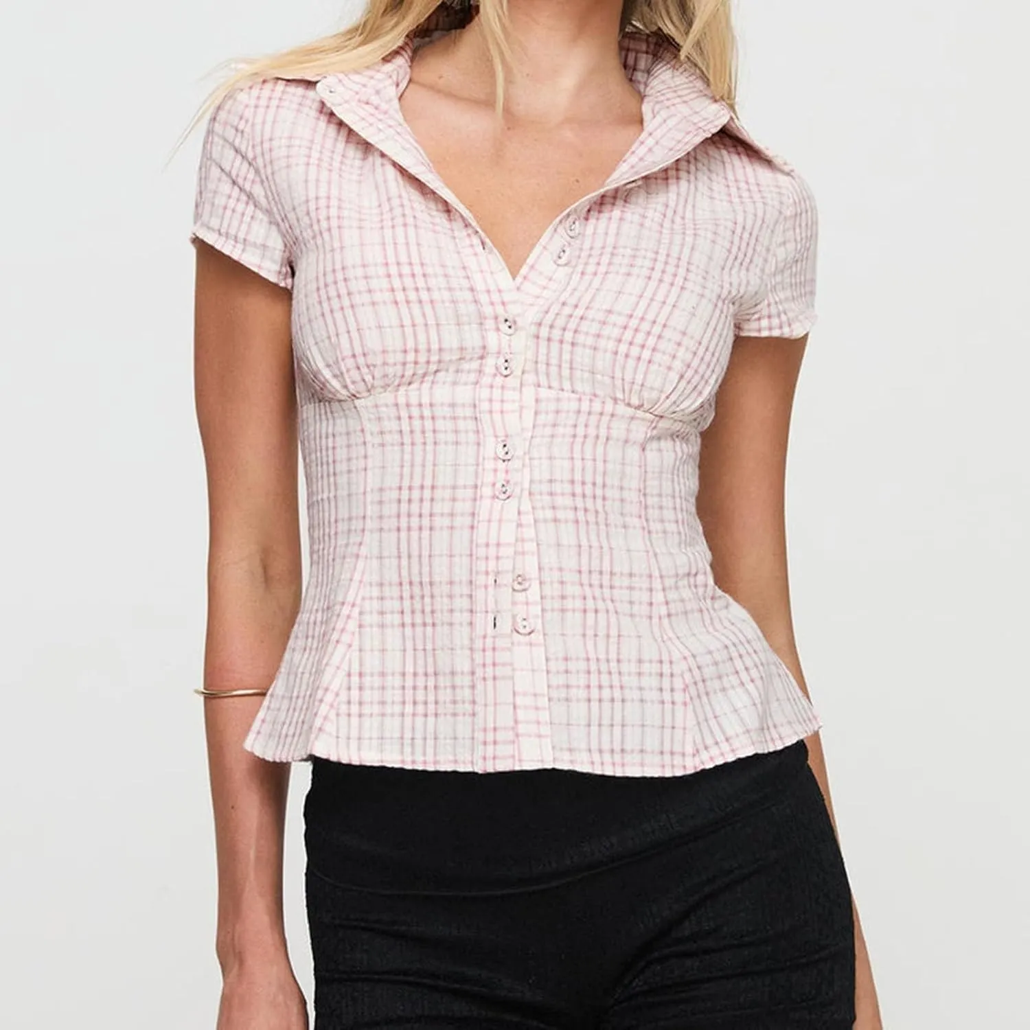Women Y2k Short Sleeve Button Up Shirt Lapel Collar V Neck Plaid Open Front Blouse Basic Casual Going Out T-Shirt