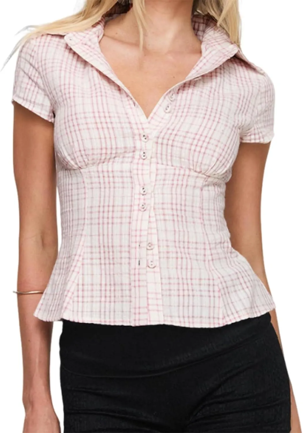 Women Y2k Short Sleeve Button Up Shirt Lapel Collar V Neck Plaid Open Front Blouse Basic Casual Going Out T-Shirt