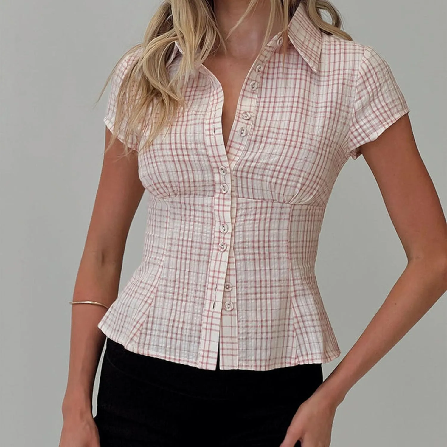 Women Y2k Short Sleeve Button Up Shirt Lapel Collar V Neck Plaid Open Front Blouse Basic Casual Going Out T-Shirt