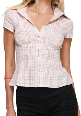 Women Y2k Short Sleeve Button Up Shirt Lapel Collar V Neck Plaid Open Front Blouse Basic Casual Going Out T-Shirt