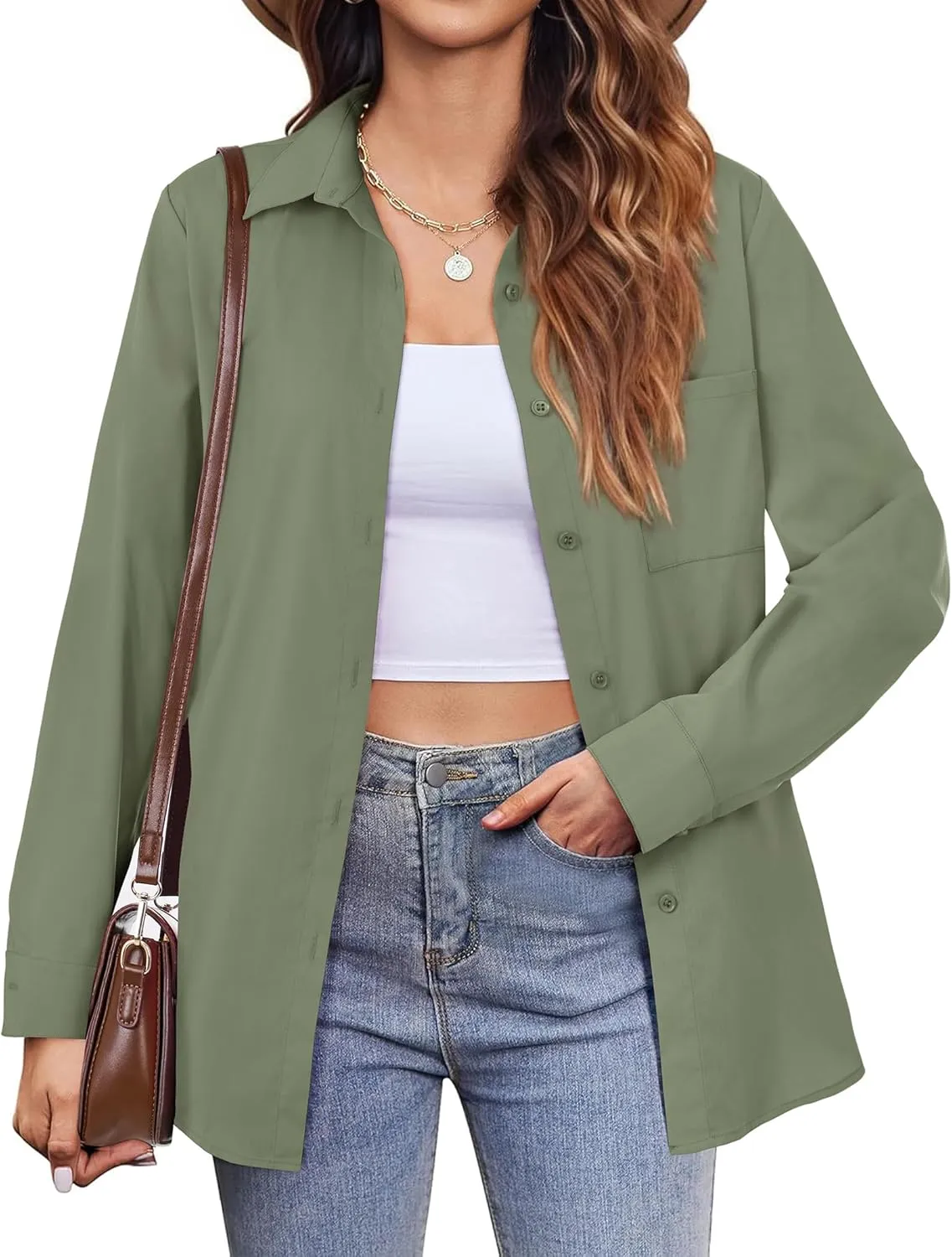 Womens Button Down Shirts Oversized Long Sleeve Shirt Loose Fit Casual Blouse Work Office Top with Pockets