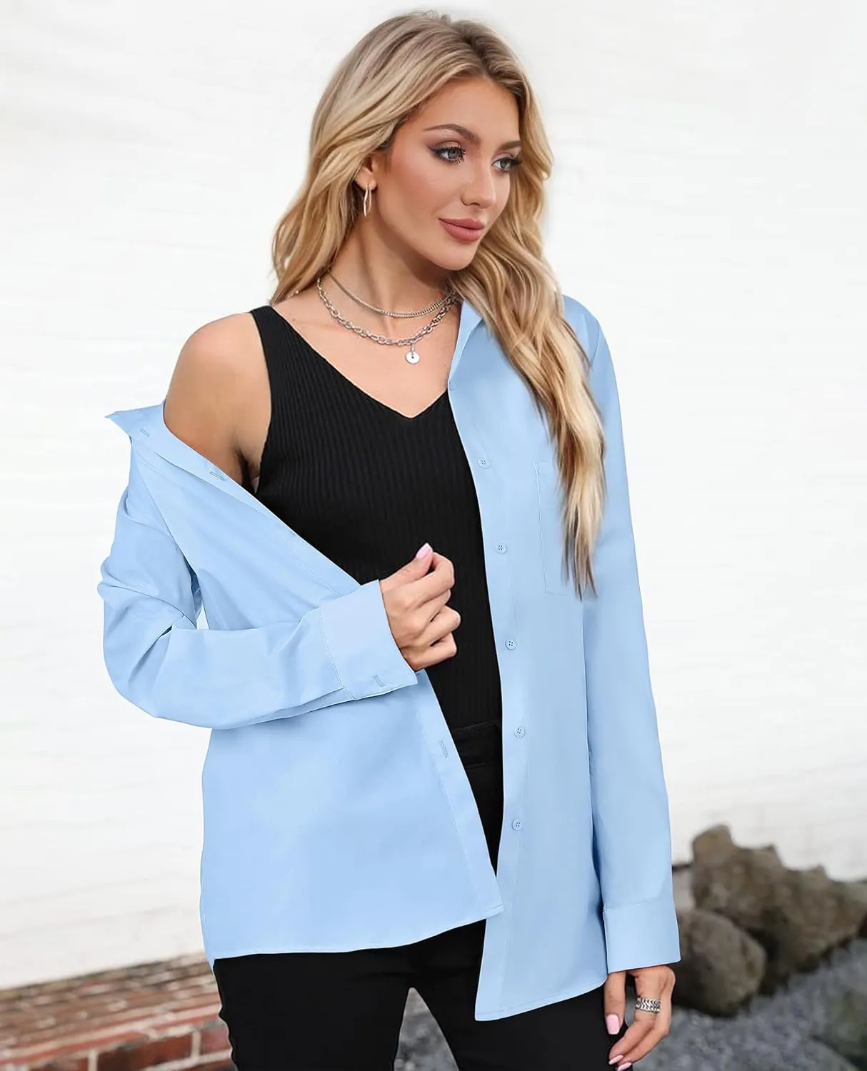 Womens Button Down Shirts Oversized Long Sleeve Shirt Loose Fit Casual Blouse Work Office Top with Pockets
