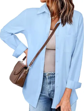 Womens Button Down Shirts Oversized Long Sleeve Shirt Loose Fit Casual Blouse Work Office Top with Pockets