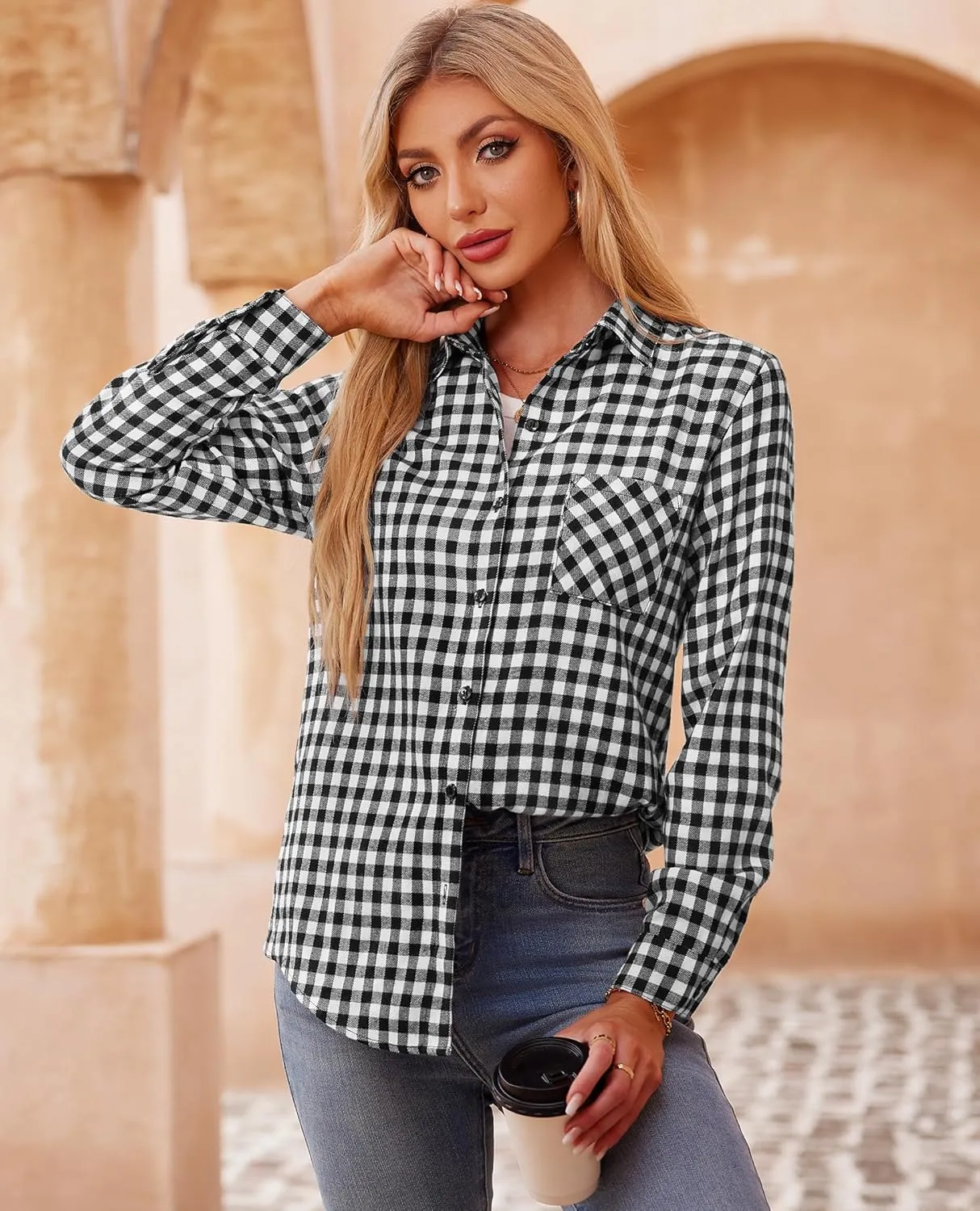 Womens Button Down Shirts Oversized Long Sleeve Shirt Loose Fit Casual Blouse Work Office Top with Pockets