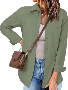 Womens Button Down Shirts Oversized Long Sleeve Shirt Loose Fit Casual Blouse Work Office Top with Pockets