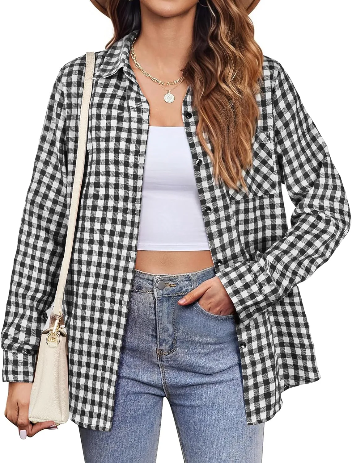 Womens Button Down Shirts Oversized Long Sleeve Shirt Loose Fit Casual Blouse Work Office Top with Pockets