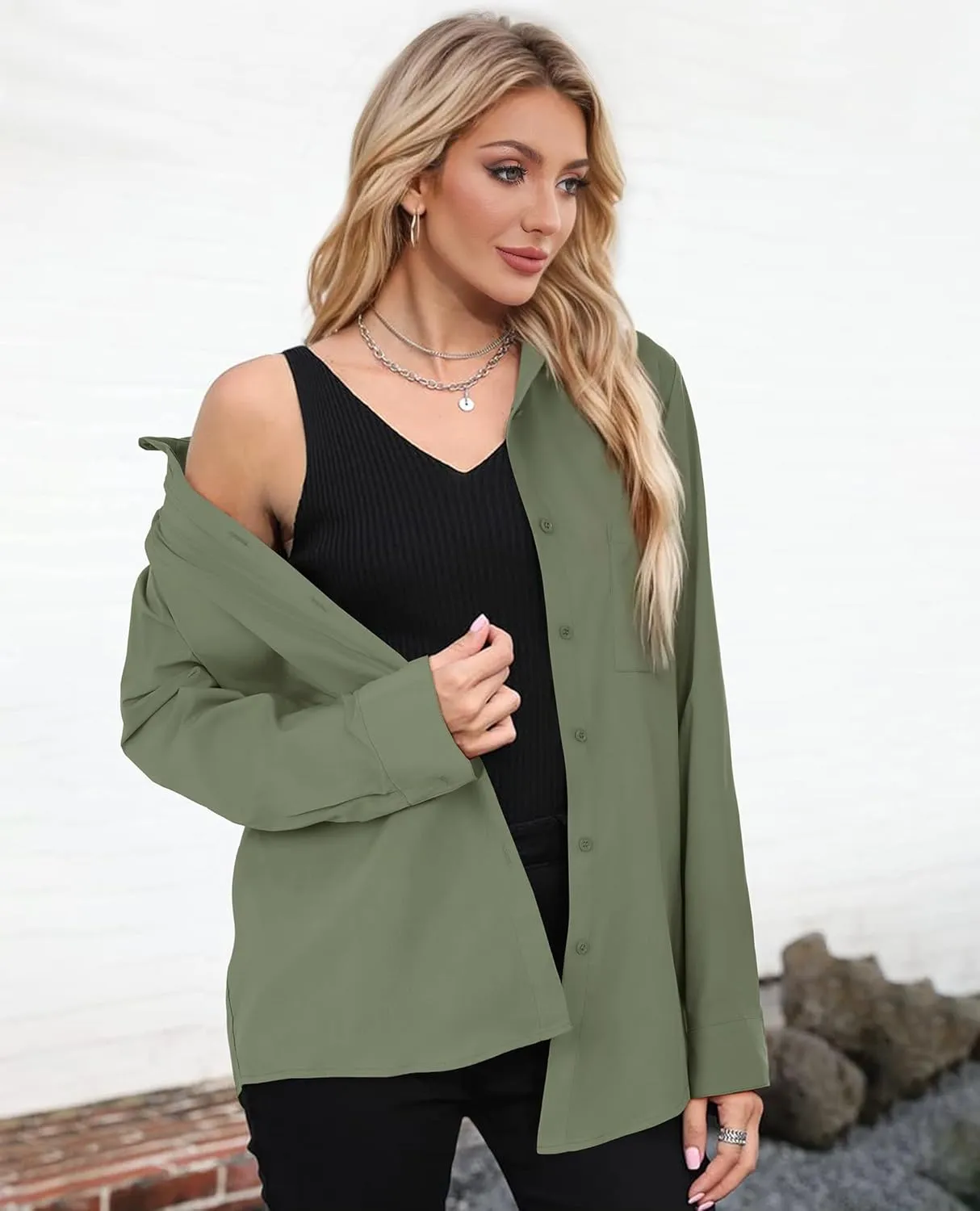 Womens Button Down Shirts Oversized Long Sleeve Shirt Loose Fit Casual Blouse Work Office Top with Pockets