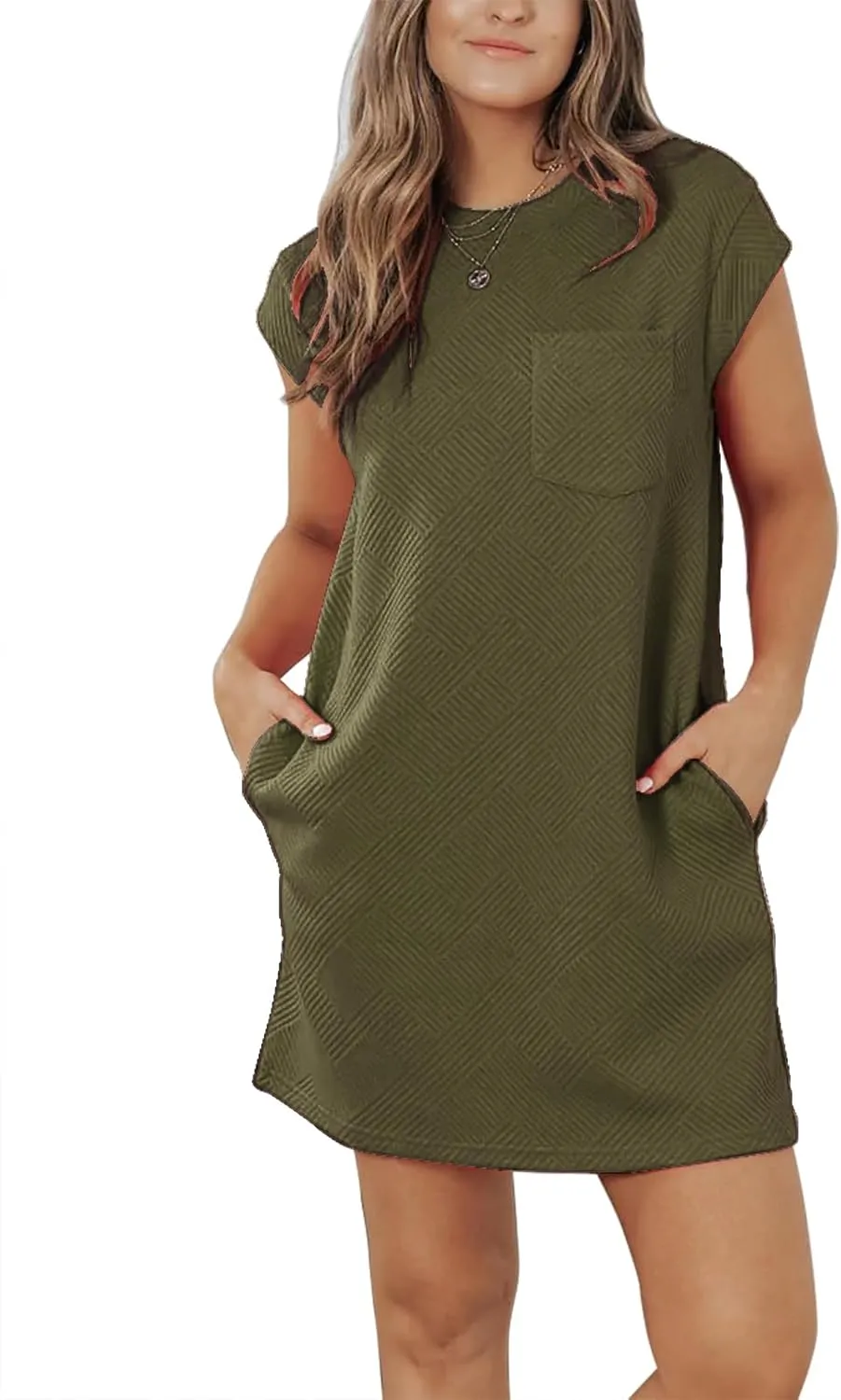 Womens Casual Crewneck Cap Sleeve Textured Mini Tshirt Shift Dress with Pockets
