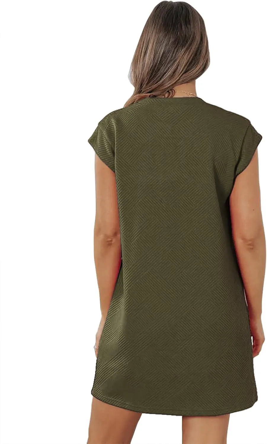 Womens Casual Crewneck Cap Sleeve Textured Mini Tshirt Shift Dress with Pockets