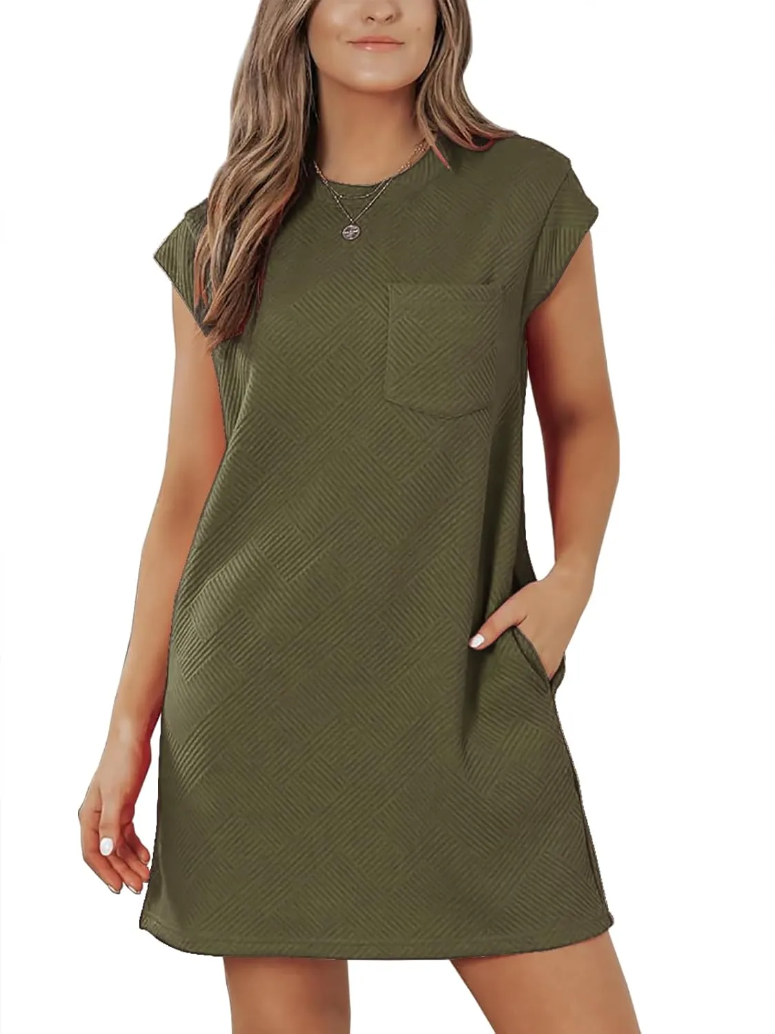 Womens Casual Crewneck Cap Sleeve Textured Mini Tshirt Shift Dress with Pockets