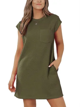 Womens Casual Crewneck Cap Sleeve Textured Mini Tshirt Shift Dress with Pockets
