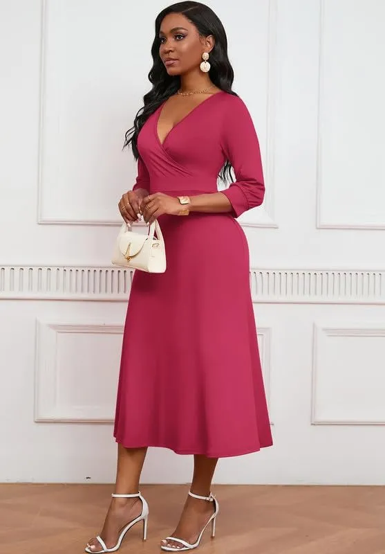 Womens Casual Dress Wrap V-Neck Elegant Wedding Guest Midi Dress 3/4 Sleeve High Waist