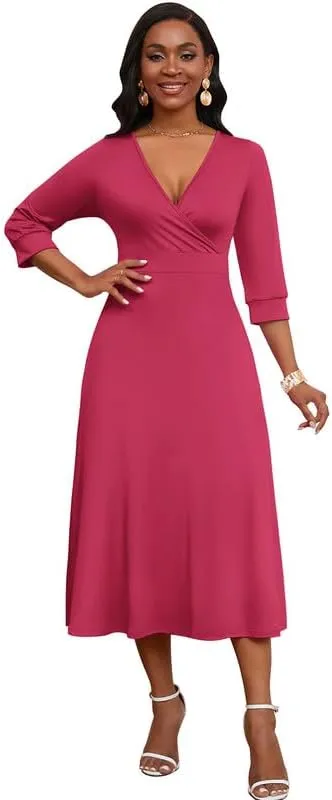 Womens Casual Dress Wrap V-Neck Elegant Wedding Guest Midi Dress 3/4 Sleeve High Waist