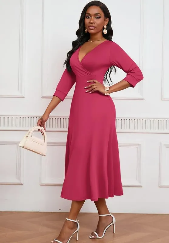 Womens Casual Dress Wrap V-Neck Elegant Wedding Guest Midi Dress 3/4 Sleeve High Waist